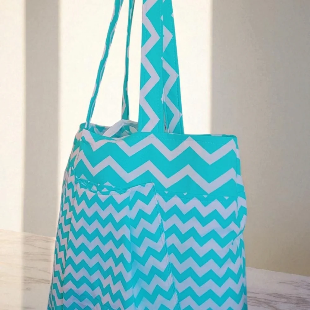 Blue and White Chevron Tote Bag with Wide Straps